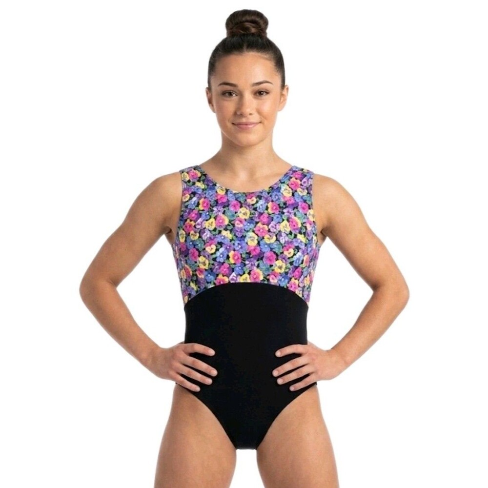 GK Elite VTG Colorblock Floral Tank Leotard Bodysuit Cotton AL Adult L Deadstock